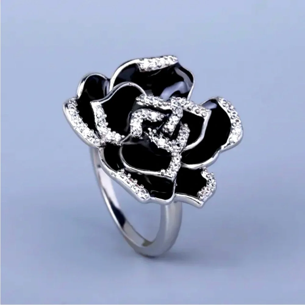 New Sterling Silver Onyx White Sapphire Rose Ring